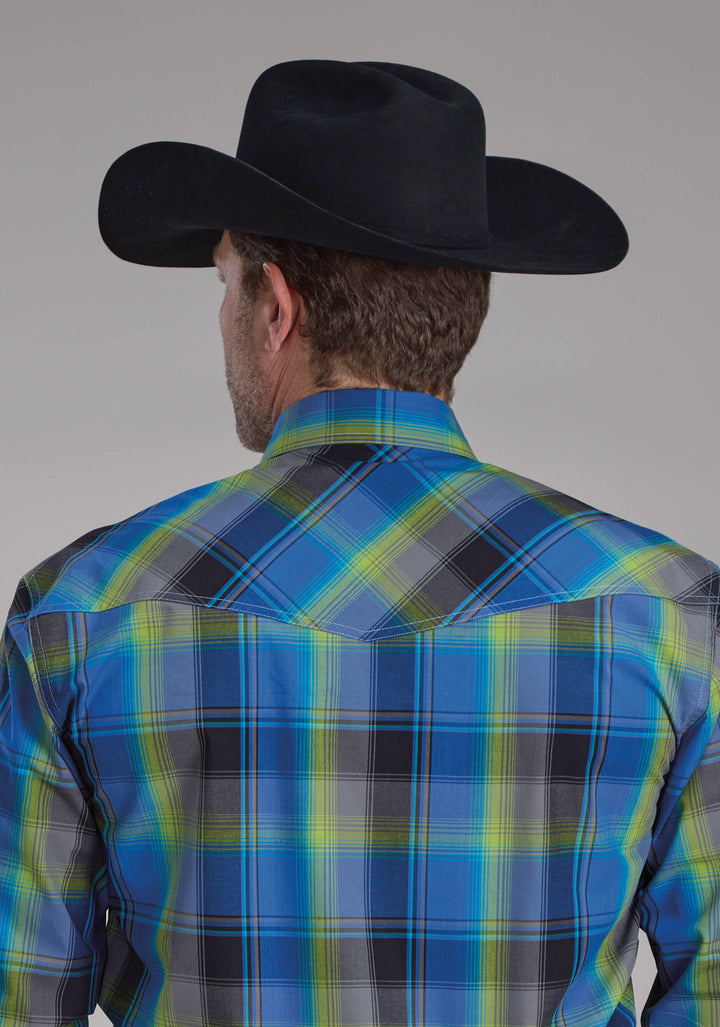 MENS COBALT PLAID LONG SLEEVE SNAP WESTERN SHIRT