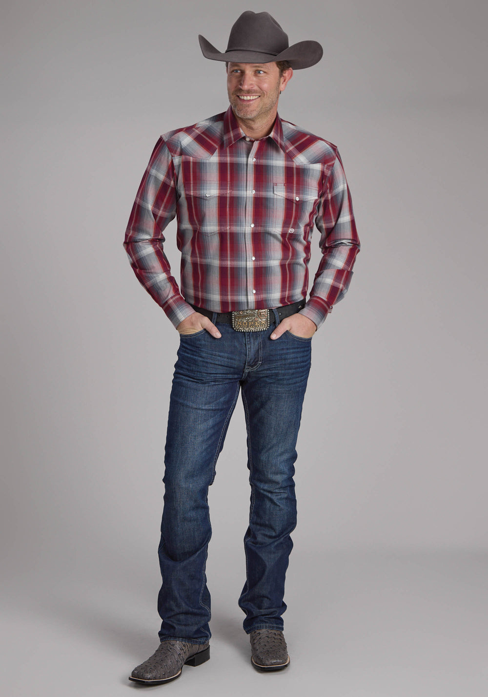 MENS WINE AND SMOKE PLAID LONG SLEEVE SNAP WESTERN SHIRT