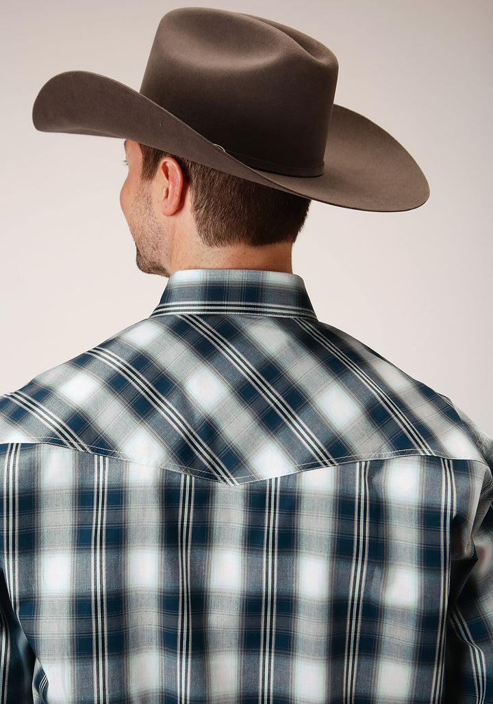 MENS LONG SLEEVE SNAP BLUE WEST PLAID WESTERN SHIRT TALL FIT