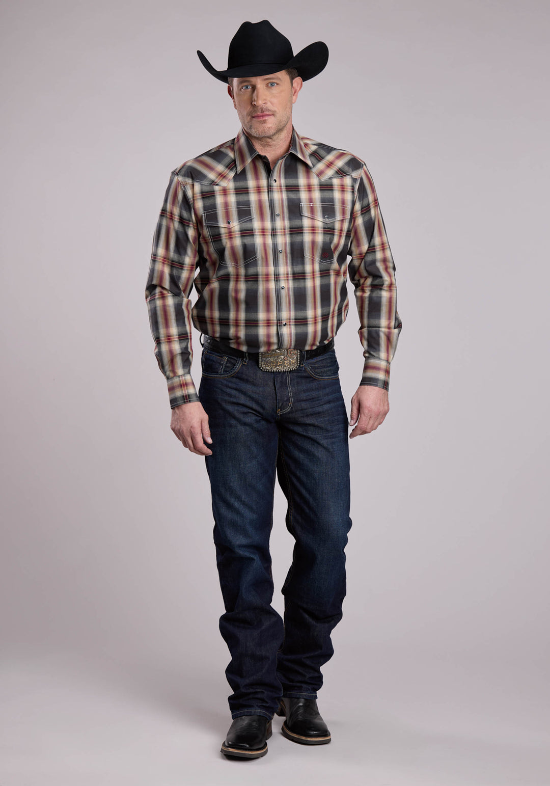 MENS LONG SLEEVE SNAP BLACK OMBRE PLAID WESTERN SHIRT