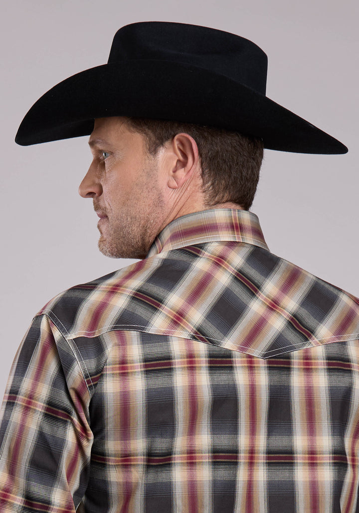 MENS LONG SLEEVE SNAP BLACK OMBRE PLAID WESTERN SHIRT