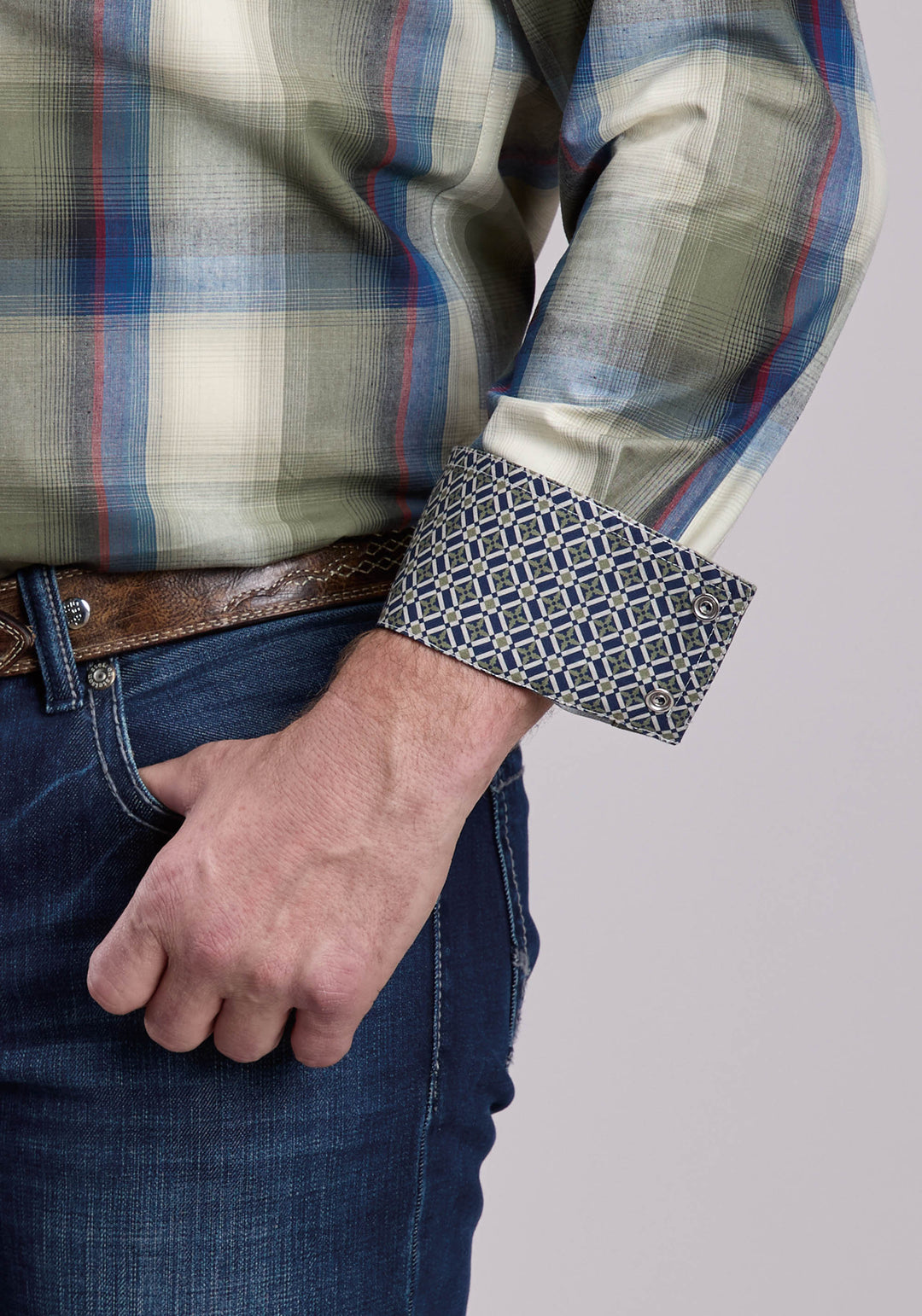 MENS LONG SLEEVE SNAP EVERGREEN PLAID WESTERN SHIRT