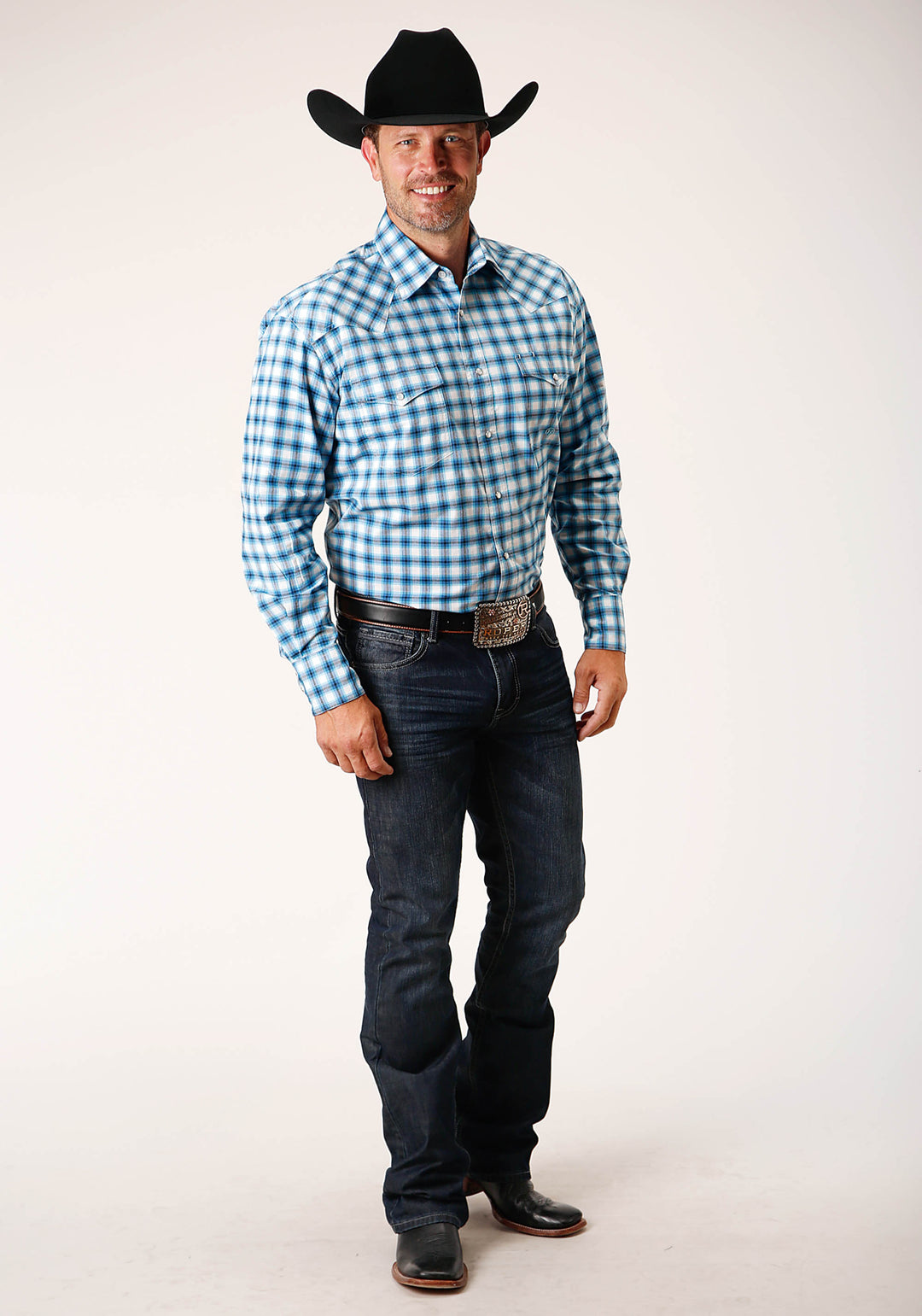 MENS LONG SLEEVE SNAP NEW STRETCH CHECK  BLUE WESTERN SHIRT TALL FIT