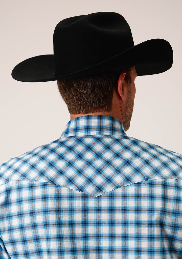 MENS LONG SLEEVE SNAP NEW STRETCH CHECK  BLUE WESTERN SHIRT TALL FIT