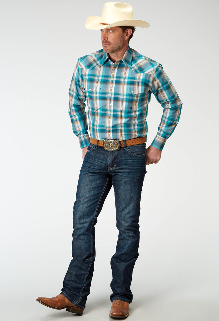 MENS LONG SLEEVE SNAP WATERS EDGE PLAID WESTERN SHIRT TALL FIT