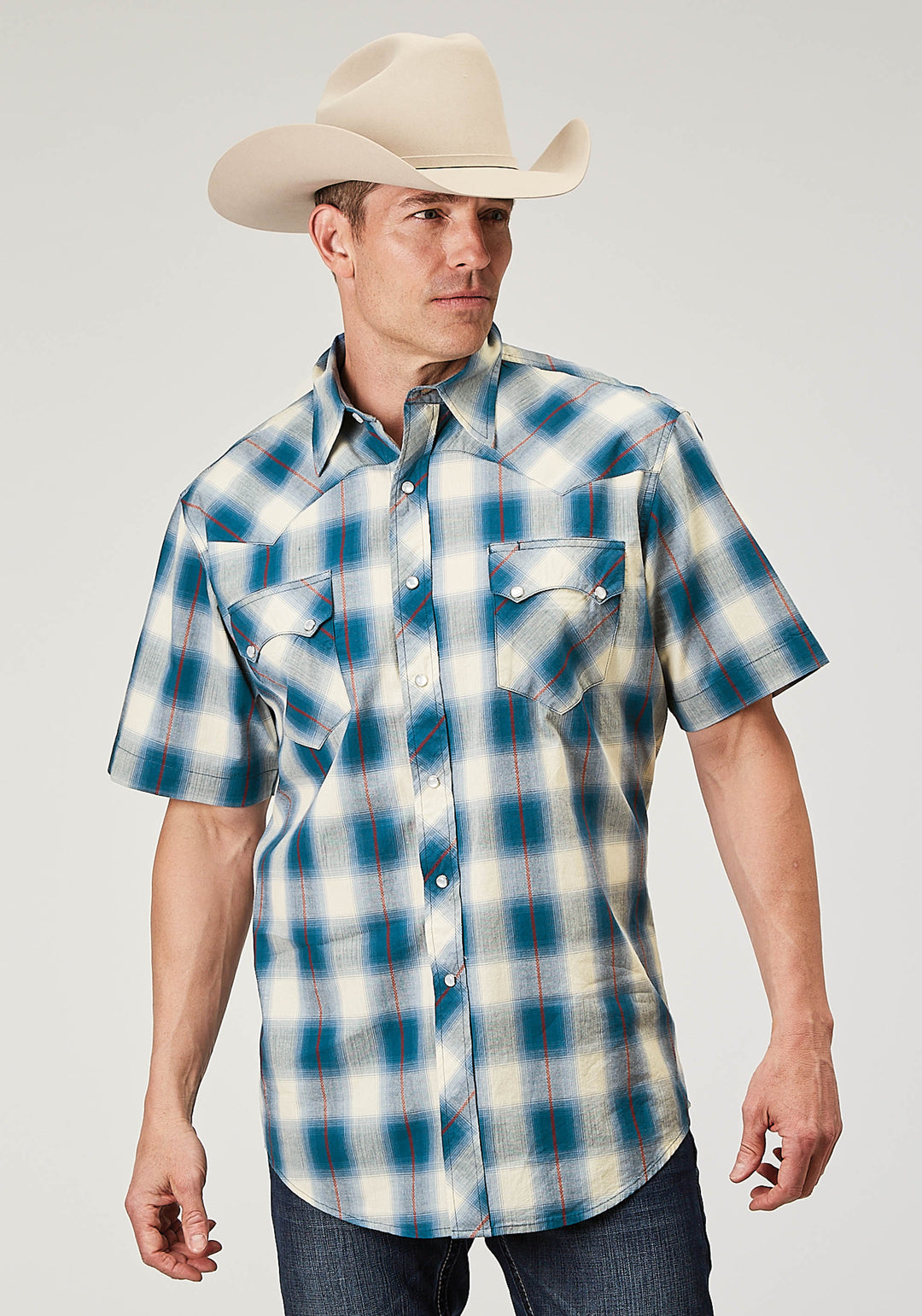 MENS SHORT SLEEVE SNAP ARROW DOBBY PLAID WESTERN SHIRT