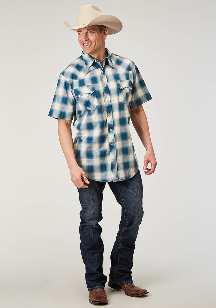 MENS SHORT SLEEVE SNAP ARROW DOBBY PLAID WESTERN SHIRT