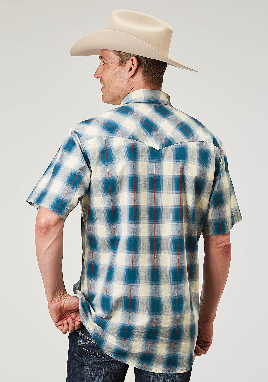 MENS SHORT SLEEVE SNAP ARROW DOBBY PLAID WESTERN SHIRT