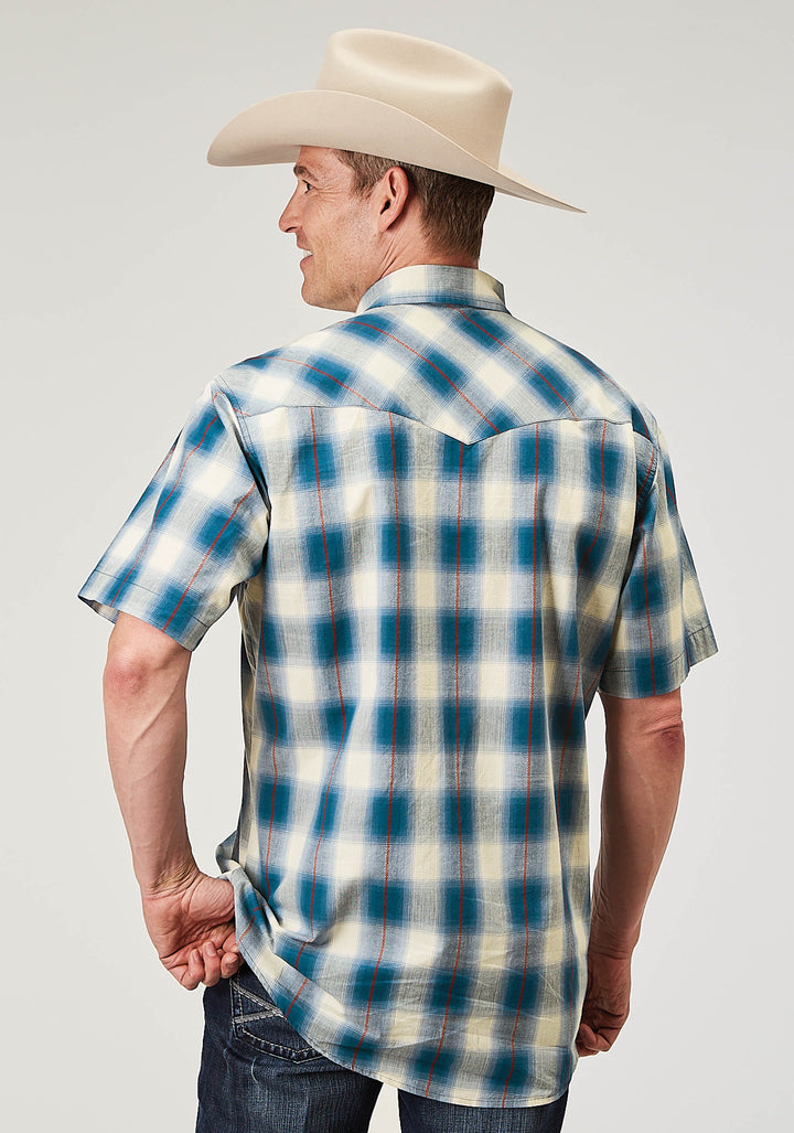 MENS SHORT SLEEVE SNAP ARROW DOBBY PLAID WESTERN SHIRT