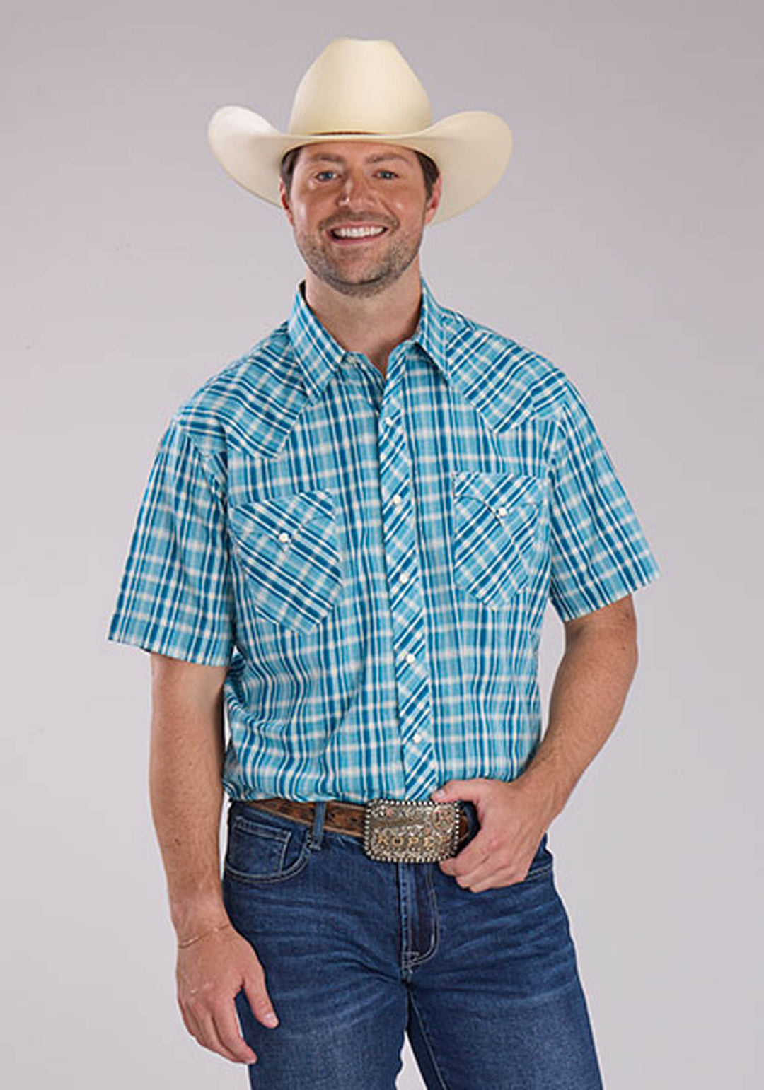 MENS OCEAN DOBBY SHORT SLEEVE SNAP WESTERN SHIRT