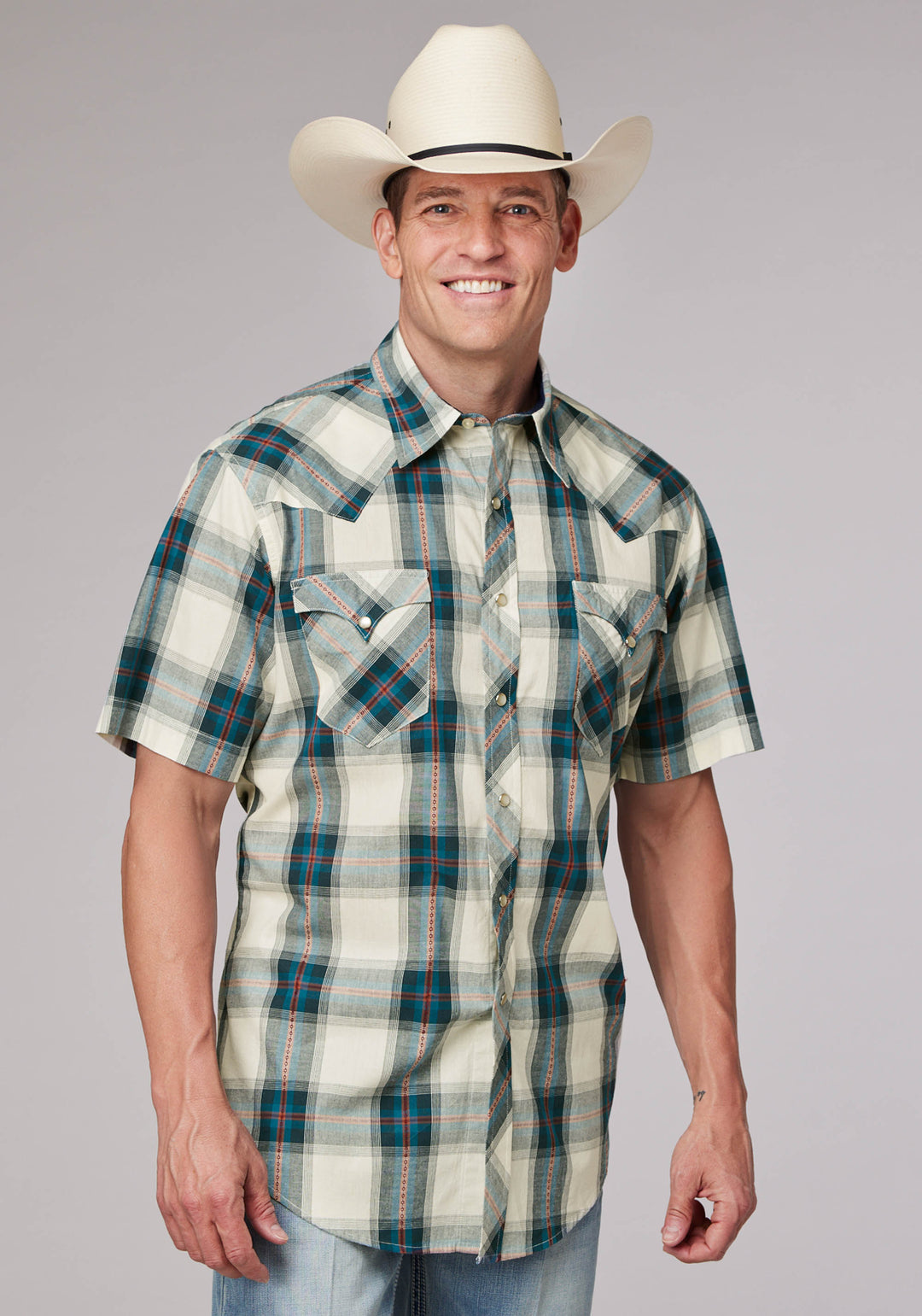 MENS TILE PLAID SHORT SLEEVE SNAP WESTERN SHIRT