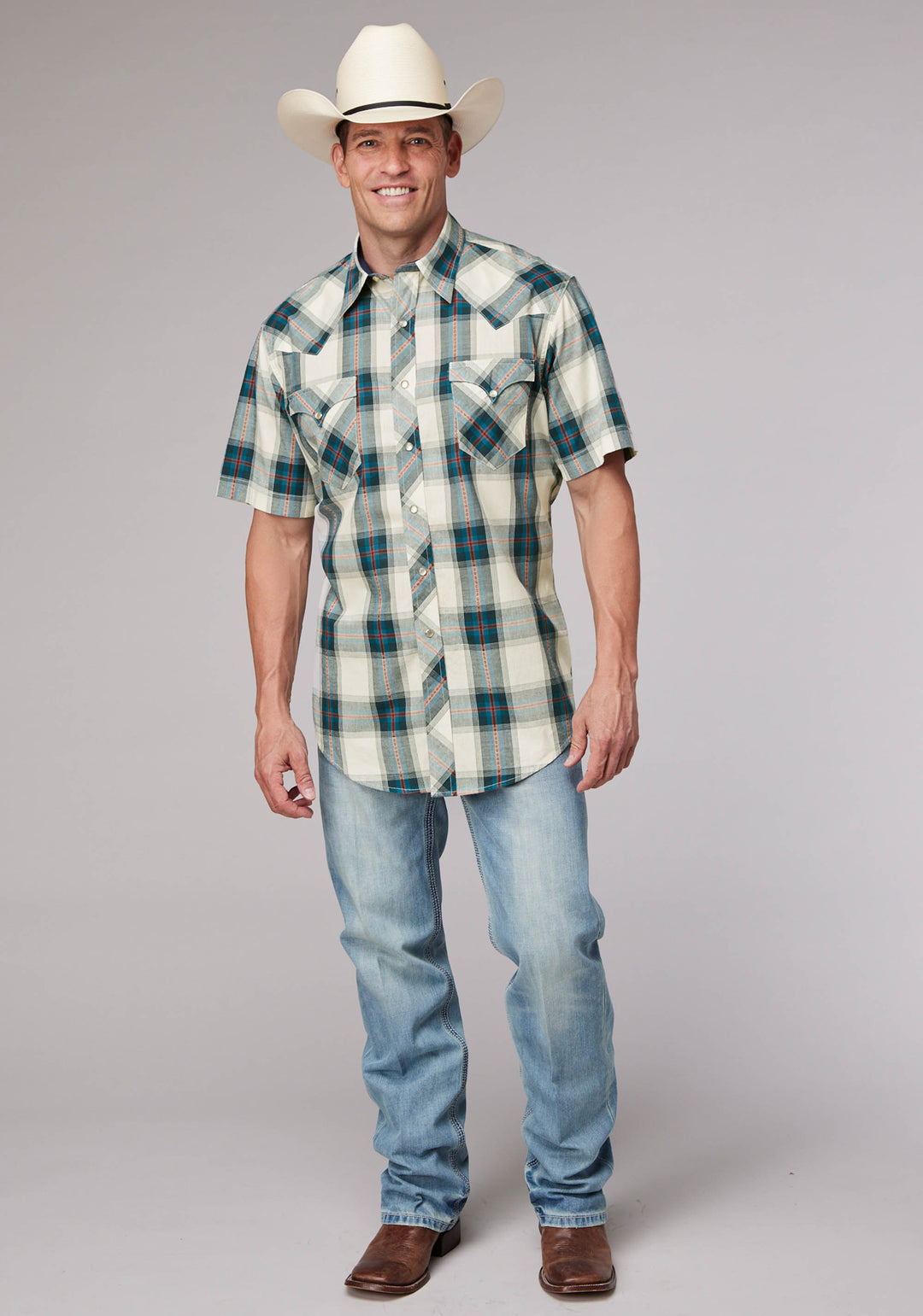 MENS TILE PLAID SHORT SLEEVE SNAP WESTERN SHIRT
