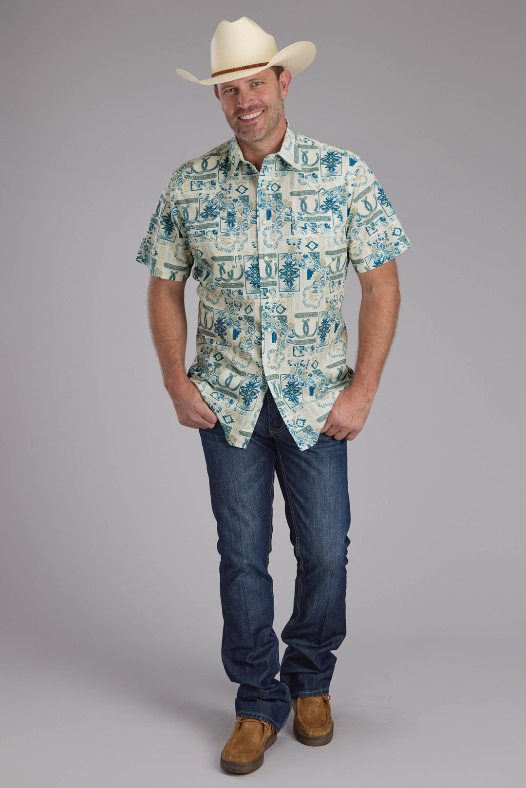 MENS TROPICAL RESORT PRINT SHORT SLEEVE SNAP WESTERN SHIRT