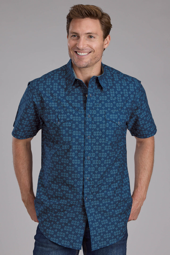 MENS DIAMOND PRINT SHORT SLEEVE SNAP WESTERN SHIRT