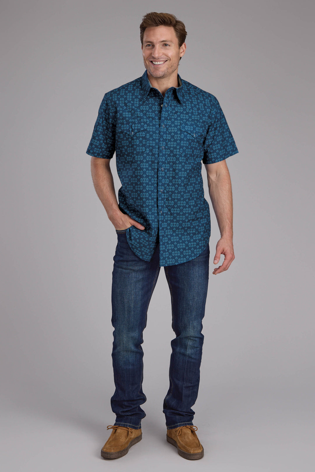 MENS DIAMOND PRINT SHORT SLEEVE SNAP WESTERN SHIRT