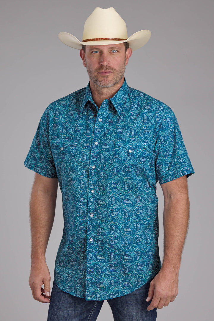 MENS DENIM PAISLEY PRINT SHORT SLEEVE SNAP WESTERN SHIRT