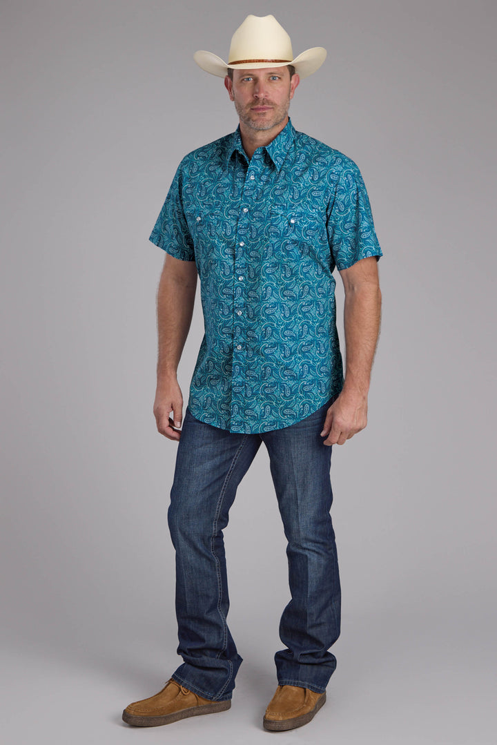 MENS DENIM PAISLEY PRINT SHORT SLEEVE SNAP WESTERN SHIRT