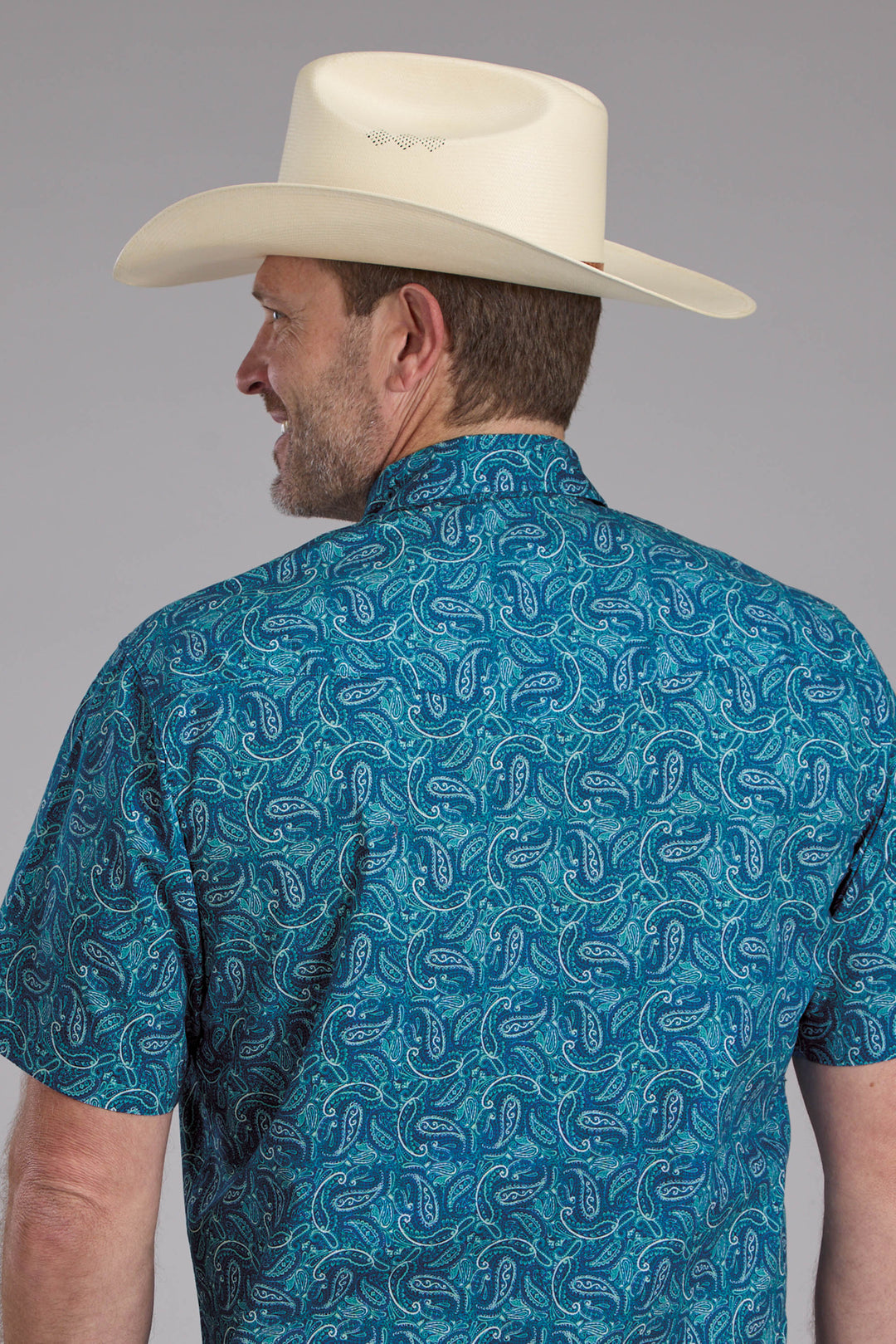 MENS DENIM PAISLEY PRINT SHORT SLEEVE SNAP WESTERN SHIRT