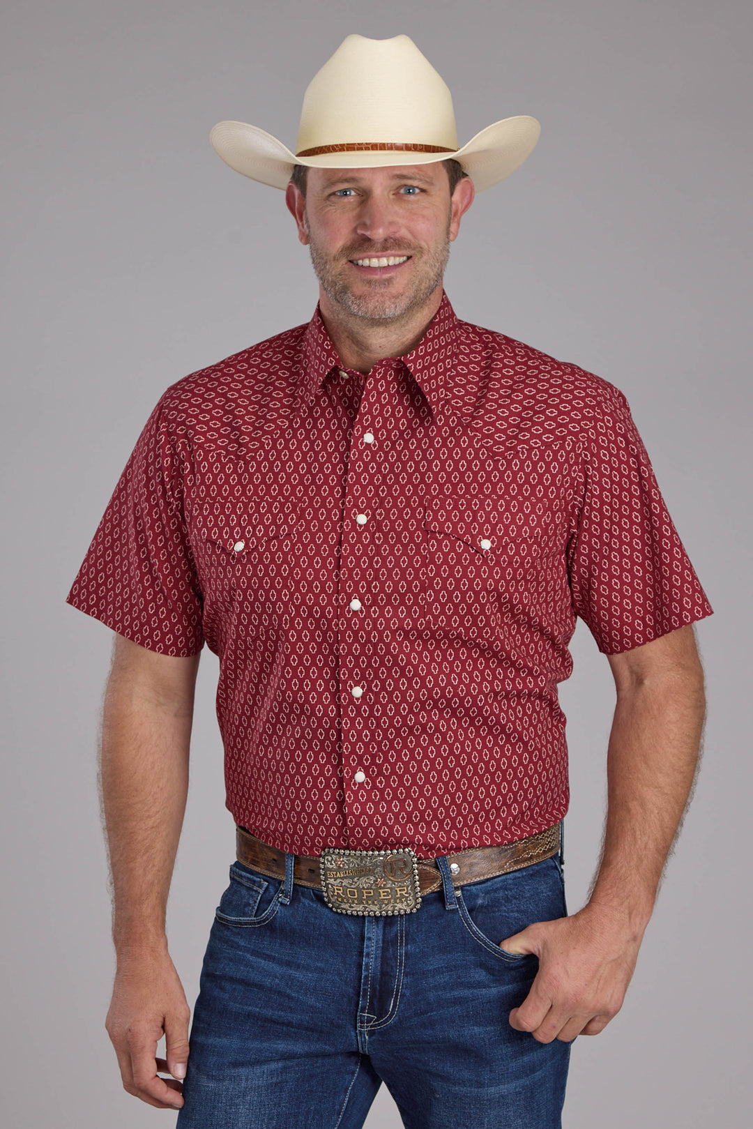 MENS GEO PRINT SHORT SLEEVE SNAP WESTERN SHIRT