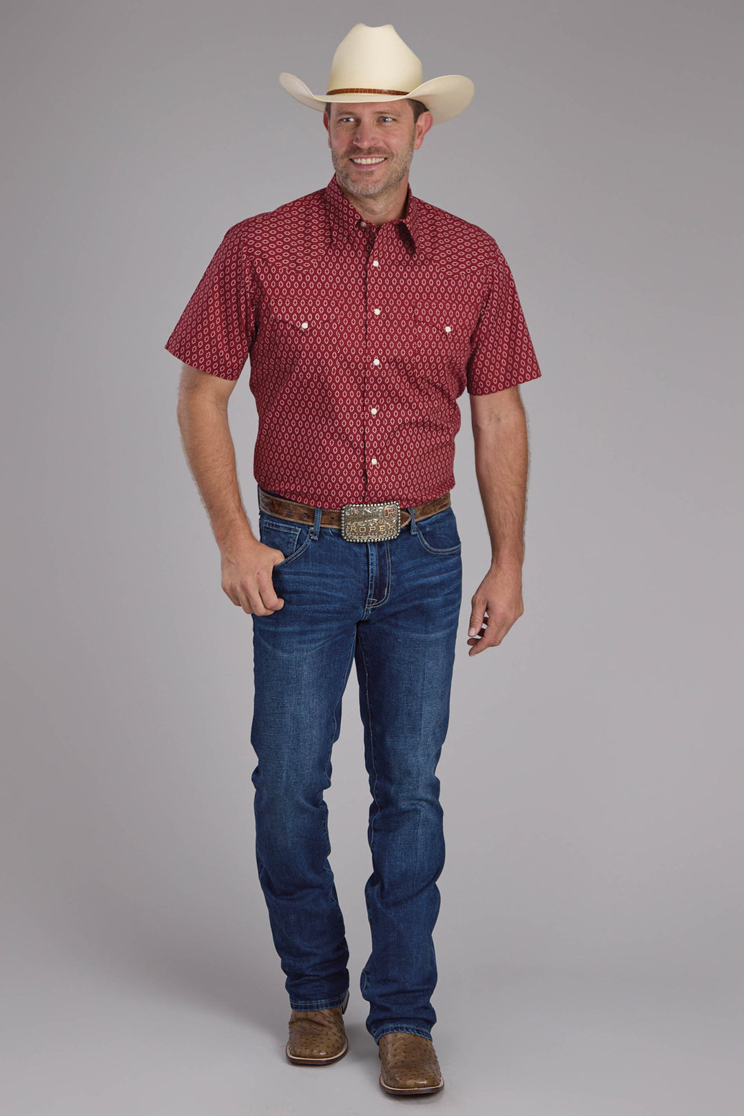 MENS GEO PRINT SHORT SLEEVE SNAP WESTERN SHIRT