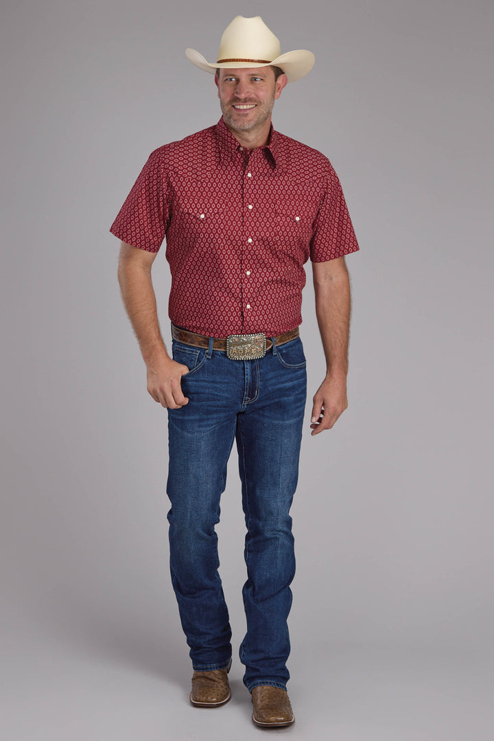 MENS GEO PRINT SHORT SLEEVE SNAP WESTERN SHIRT