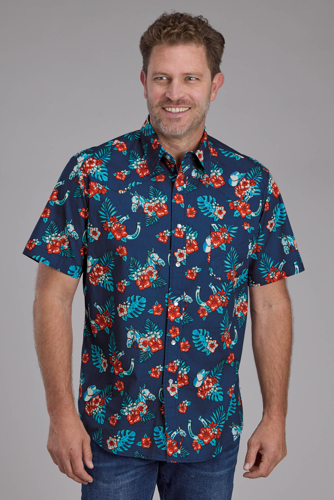 MENS HAWAIIAN PRINT SHORT SLEEVE SNAP WESTERN SHIRT