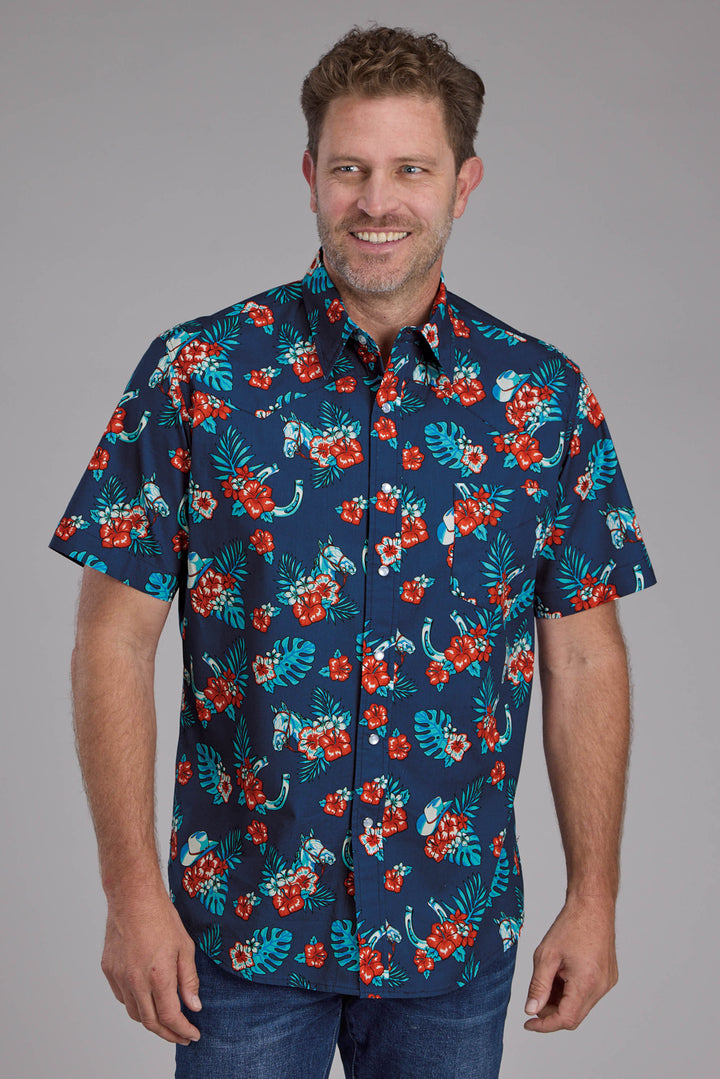 MENS HAWAIIAN PRINT SHORT SLEEVE SNAP WESTERN SHIRT