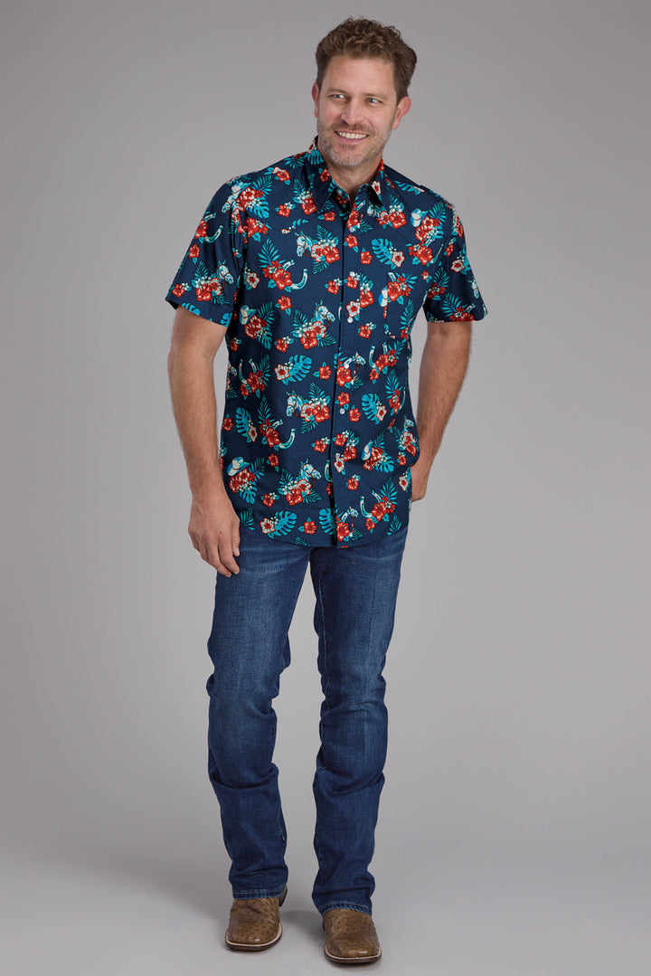 MENS HAWAIIAN PRINT SHORT SLEEVE SNAP WESTERN SHIRT