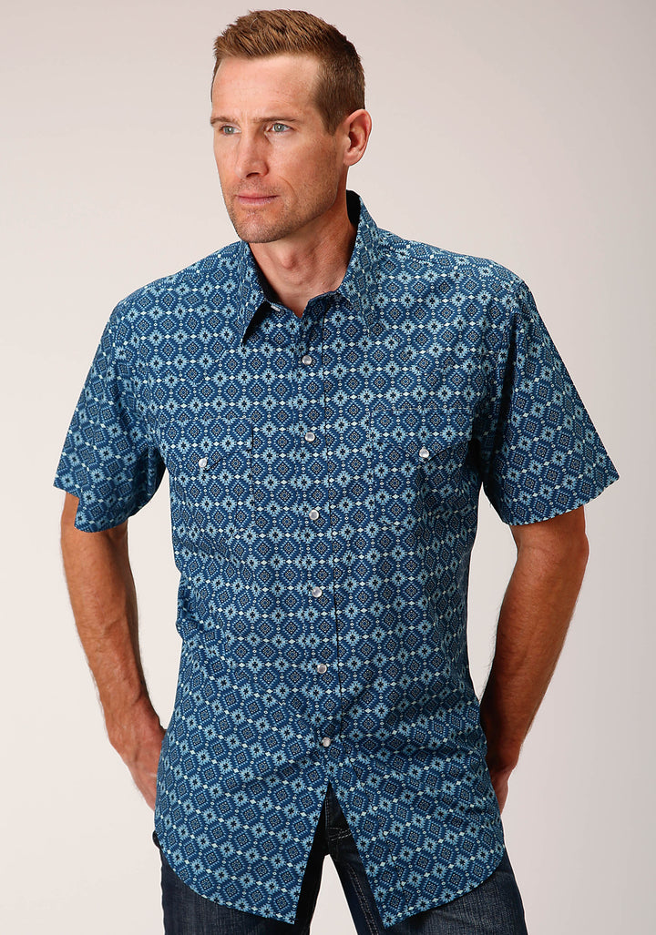 MENS SHORT SLEEVE SNAP MINI AZTEC PRINT WESTERN SHIRT