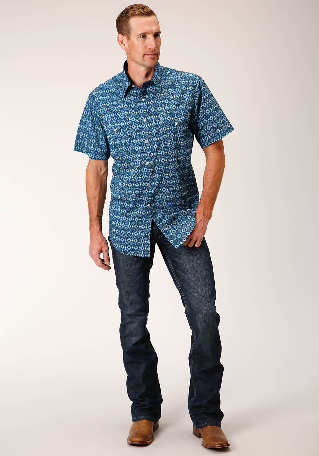MENS SHORT SLEEVE SNAP MINI AZTEC PRINT WESTERN SHIRT