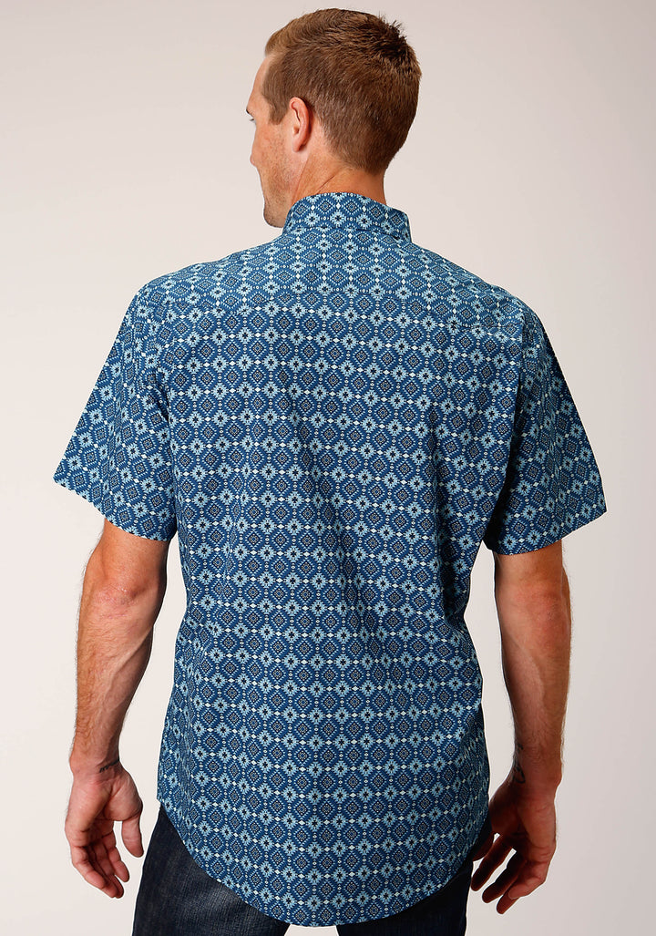 MENS SHORT SLEEVE SNAP MINI AZTEC PRINT WESTERN SHIRT