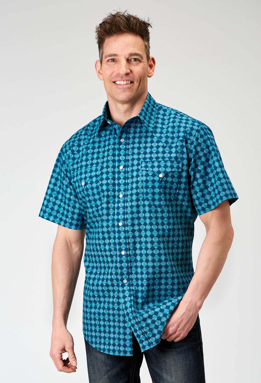 MENS SHORT SLEEVE SNAP SCRIBBLE PRINT WESTERN SHIRT