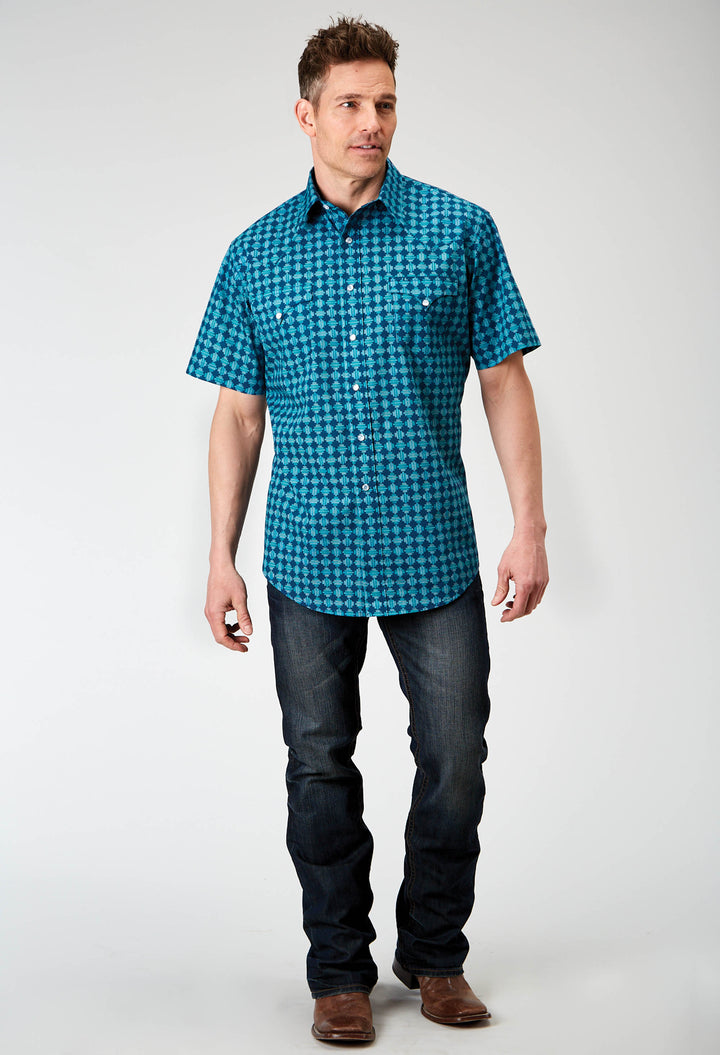 MENS SHORT SLEEVE SNAP SCRIBBLE PRINT WESTERN SHIRT
