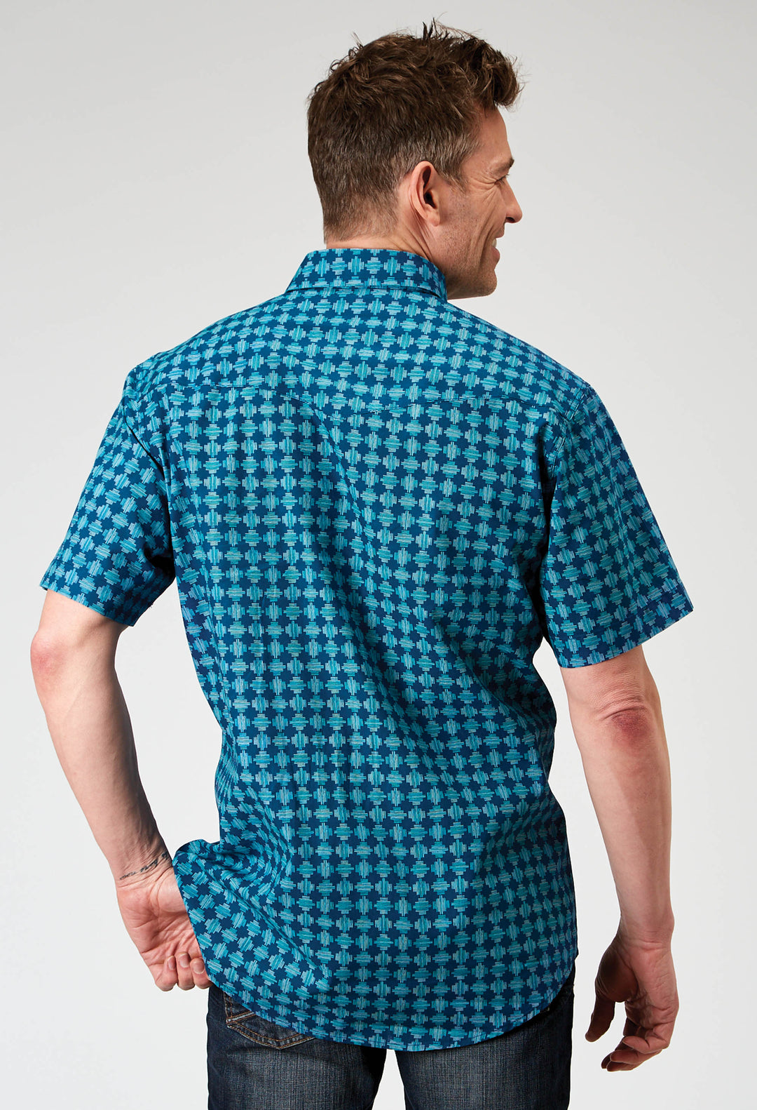 MENS SHORT SLEEVE SNAP SCRIBBLE PRINT WESTERN SHIRT