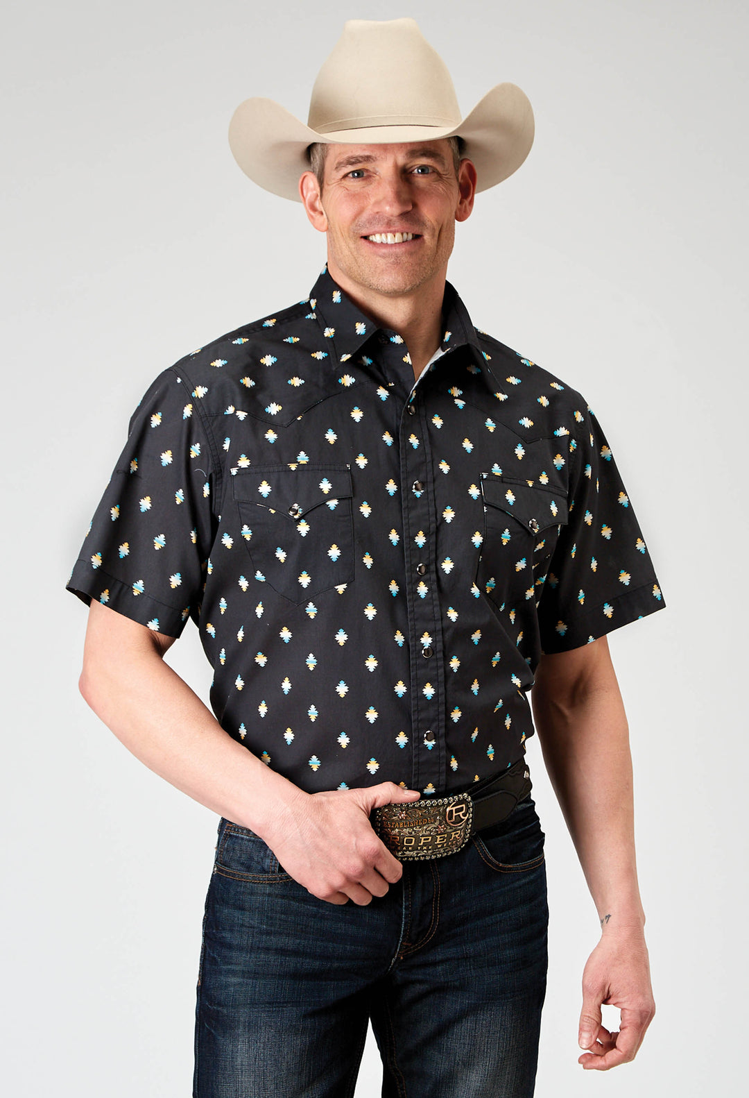 MENS SHORT SLEEVE SNAP OMBRE AZTEC PRINT WESTERN SHIRT