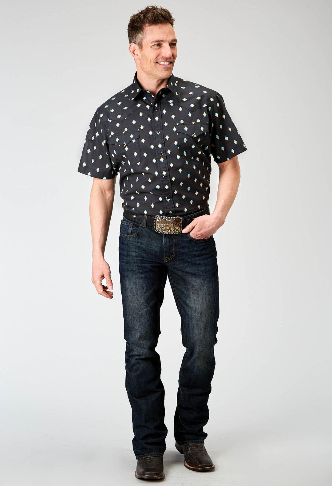 MENS SHORT SLEEVE SNAP OMBRE AZTEC PRINT WESTERN SHIRT