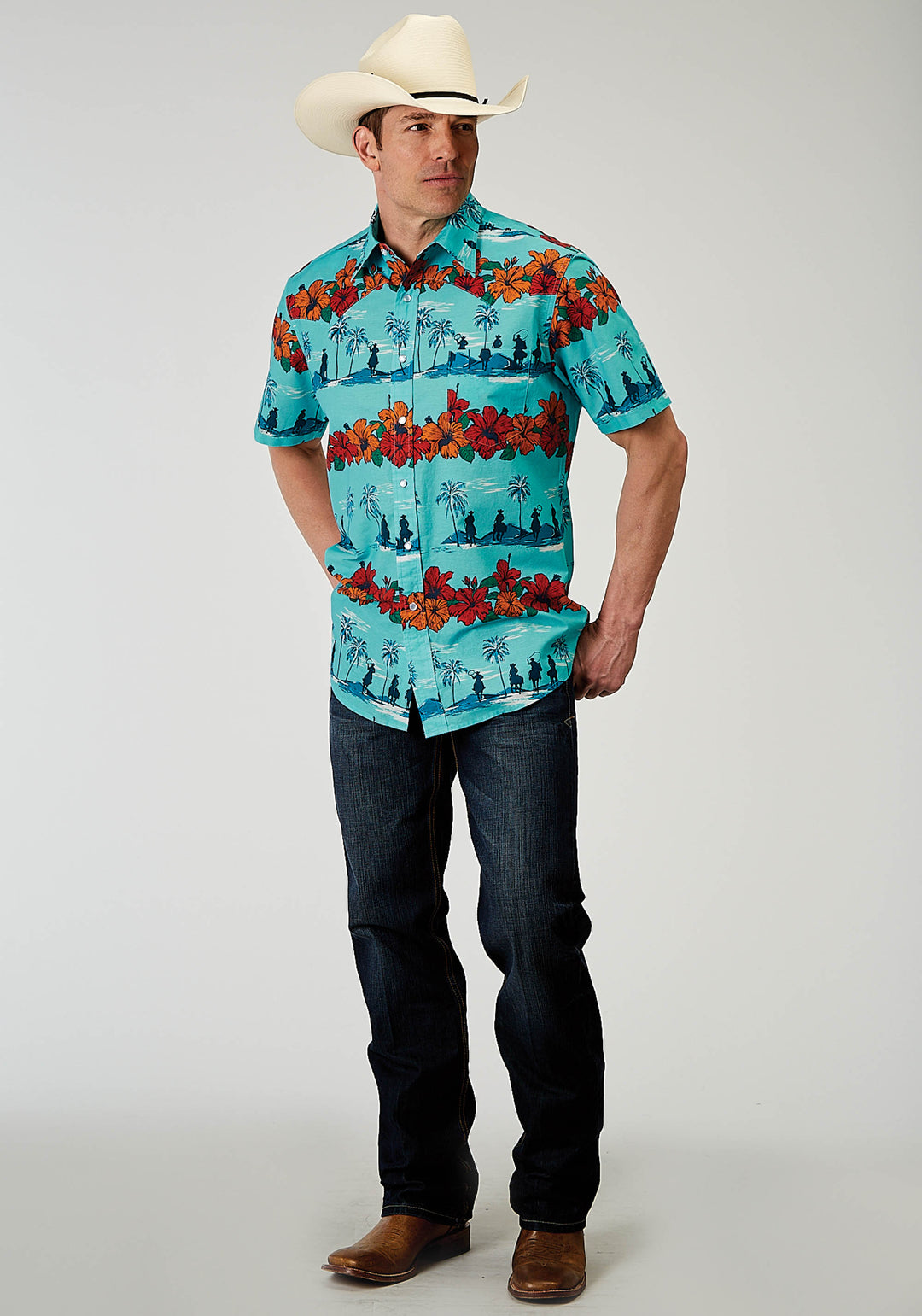 MENS SHORT SLEEVE SNAP HAWAIIAN PRINT WESTERN SHIRT