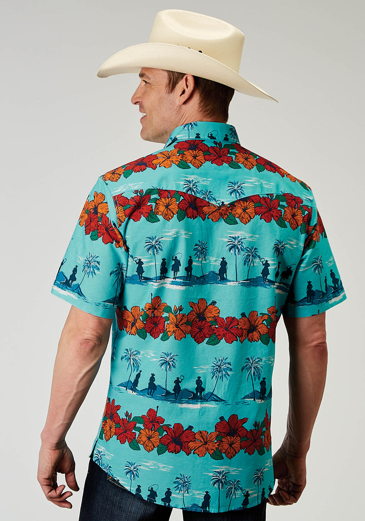 MENS SHORT SLEEVE SNAP HAWAIIAN PRINT WESTERN SHIRT