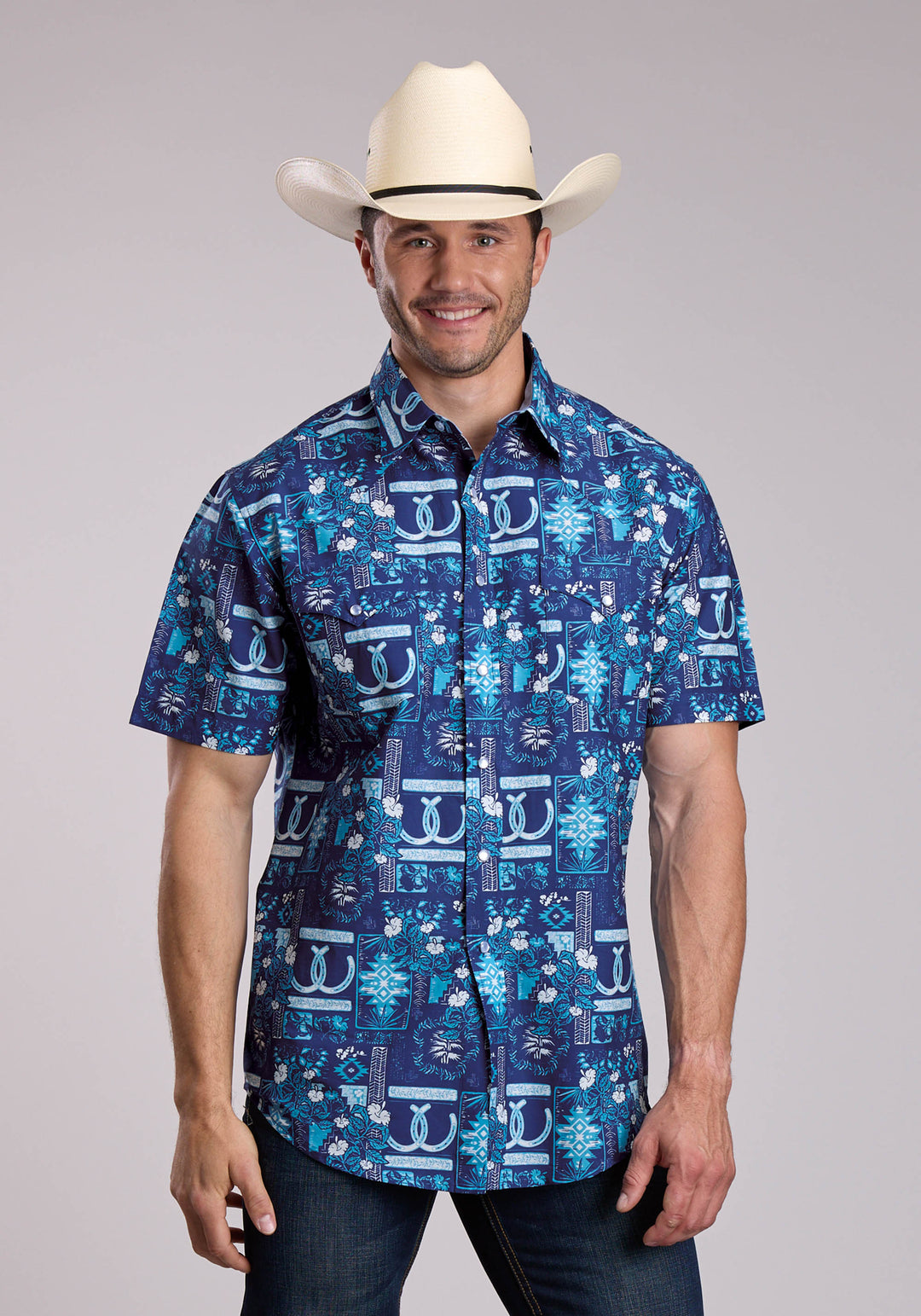 MENS ROPER TROPICAL PRINT SHORT SLEEVE SNAP SHIRT