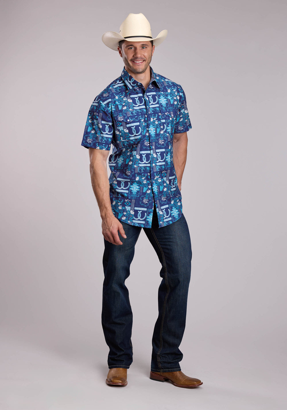 MENS ROPER TROPICAL PRINT SHORT SLEEVE SNAP SHIRT