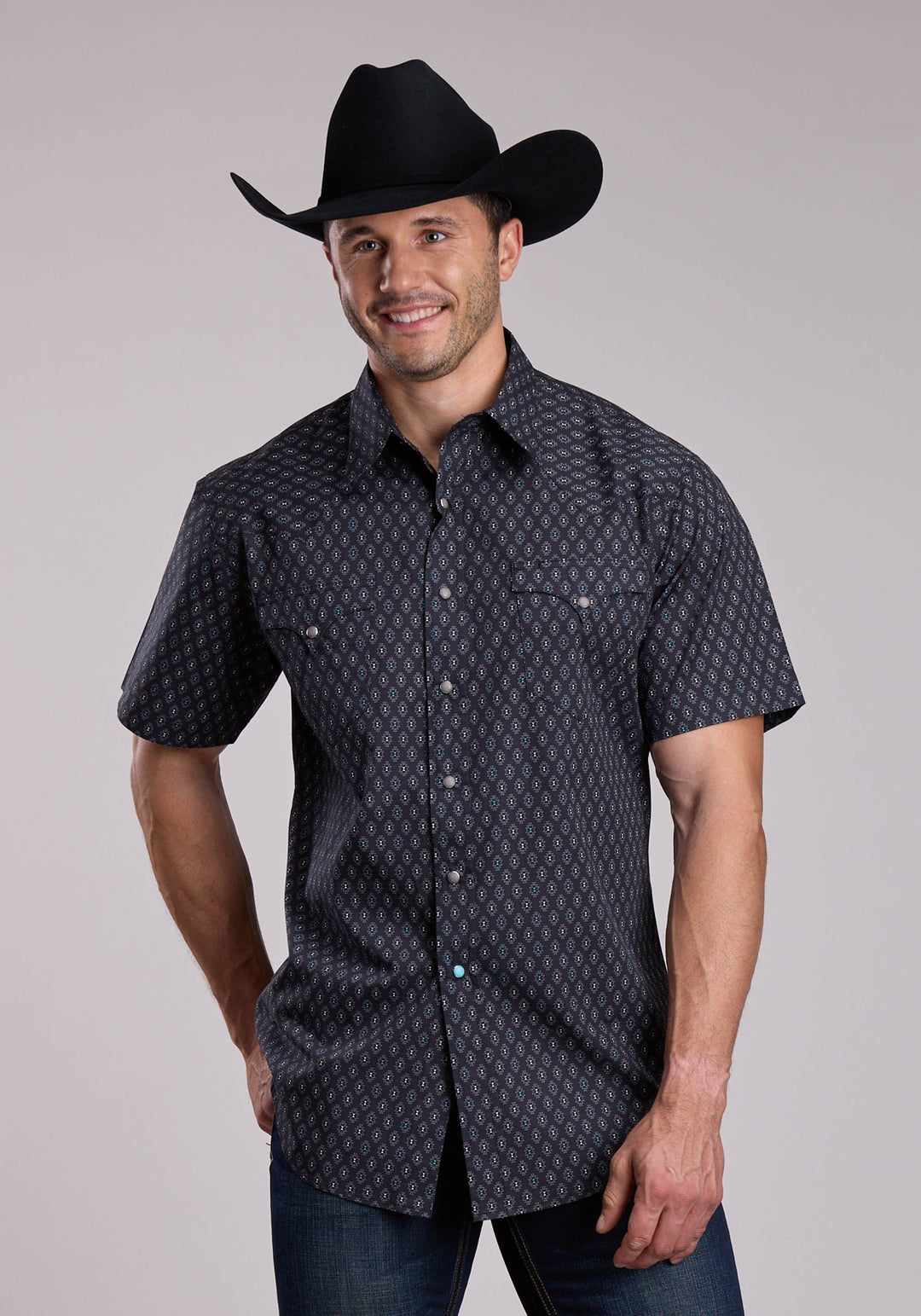 MENS ROPER GREY  TURQUOISE AZTEC PRINT SHORT SLEEVE SNAP SHIRT