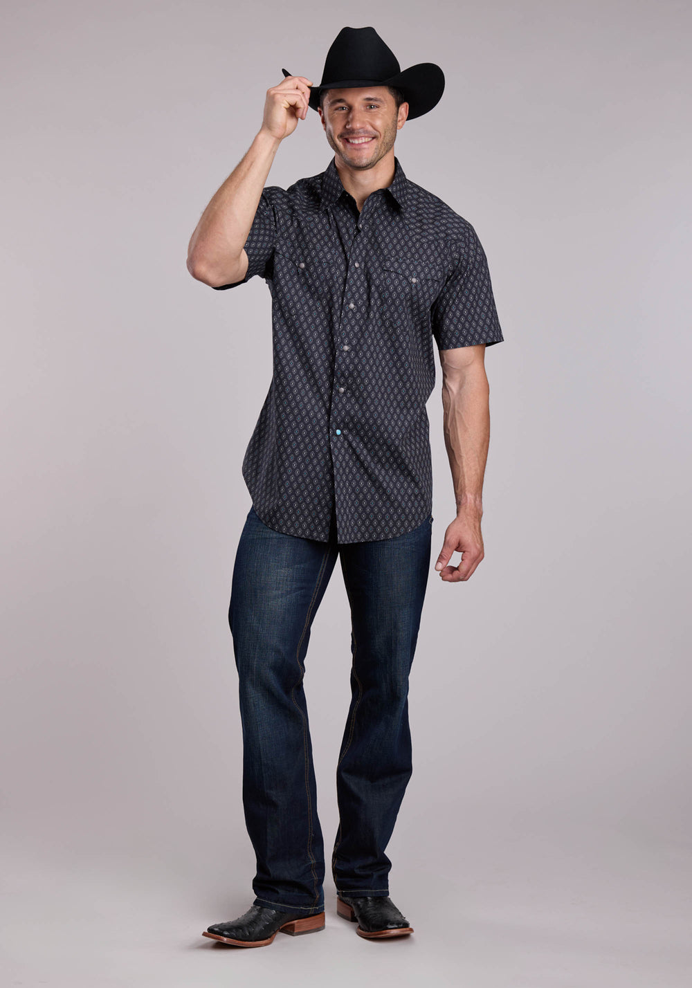 MENS ROPER GREY  TURQUOISE AZTEC PRINT SHORT SLEEVE SNAP SHIRT