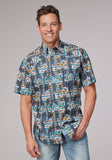 MENS SHORT SLEEVE SNAP DISTRESSED TROPICAL PRINT WESTERN SHIRT