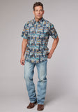 MENS SHORT SLEEVE SNAP DISTRESSED TROPICAL PRINT WESTERN SHIRT