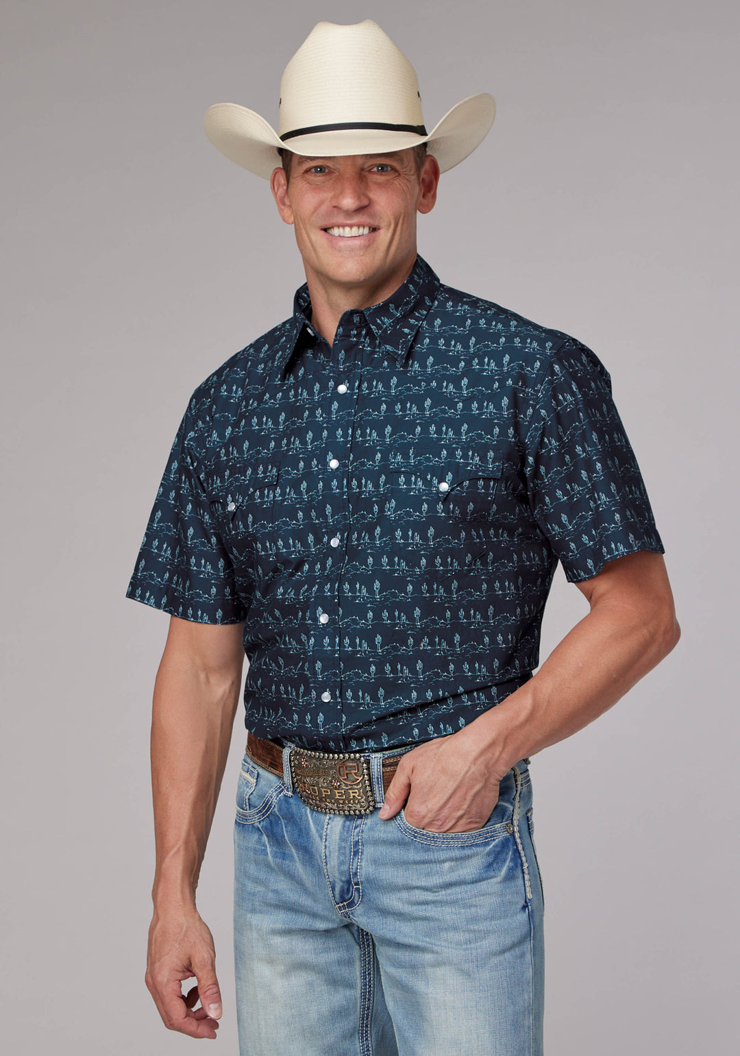 MENS DESERT STRIPE PRINT SHORT SLEEVE SNAP WESTERN SHIRT