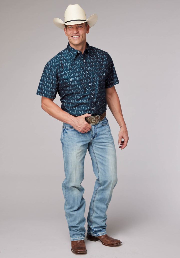 MENS DESERT STRIPE PRINT SHORT SLEEVE SNAP WESTERN SHIRT