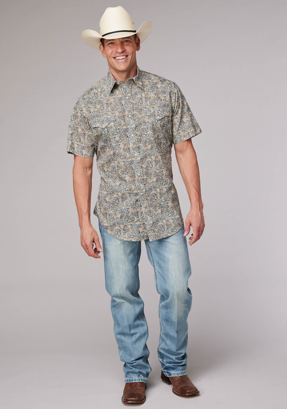 MENS SKETCHY PAISLEY PRINT SHORT SLEEVE SNAP WESTERN SHIRT