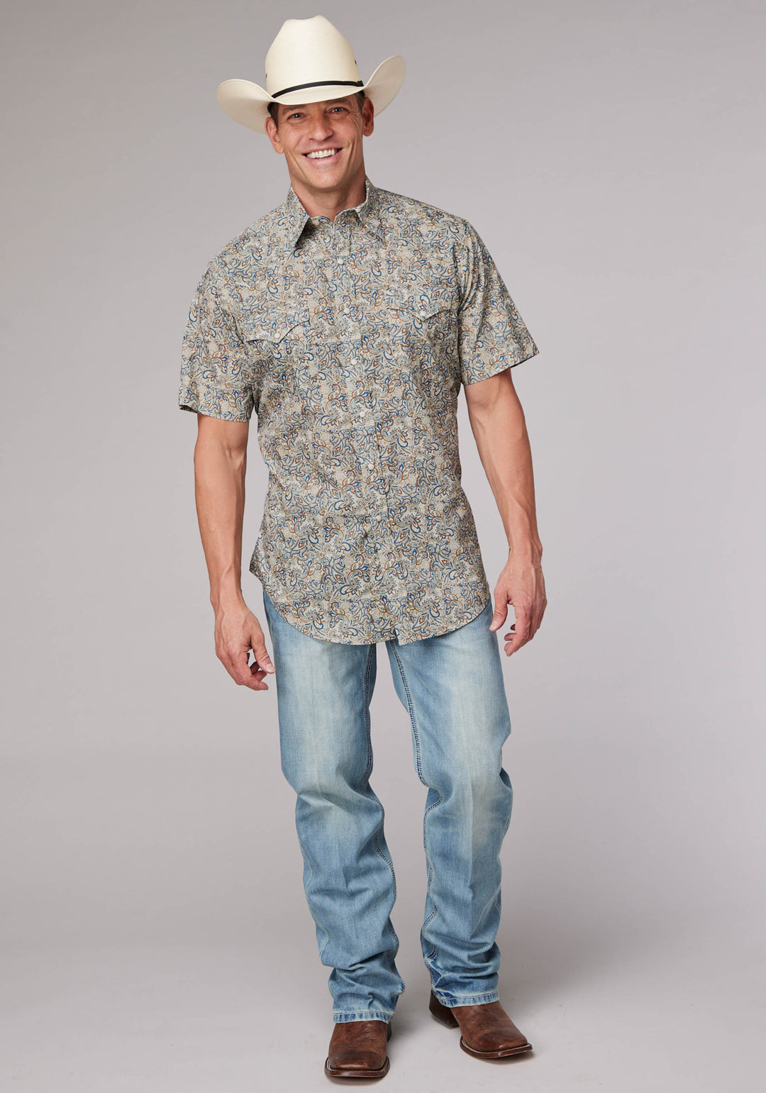 MENS SKETCHY PAISLEY PRINT SHORT SLEEVE SNAP WESTERN SHIRT