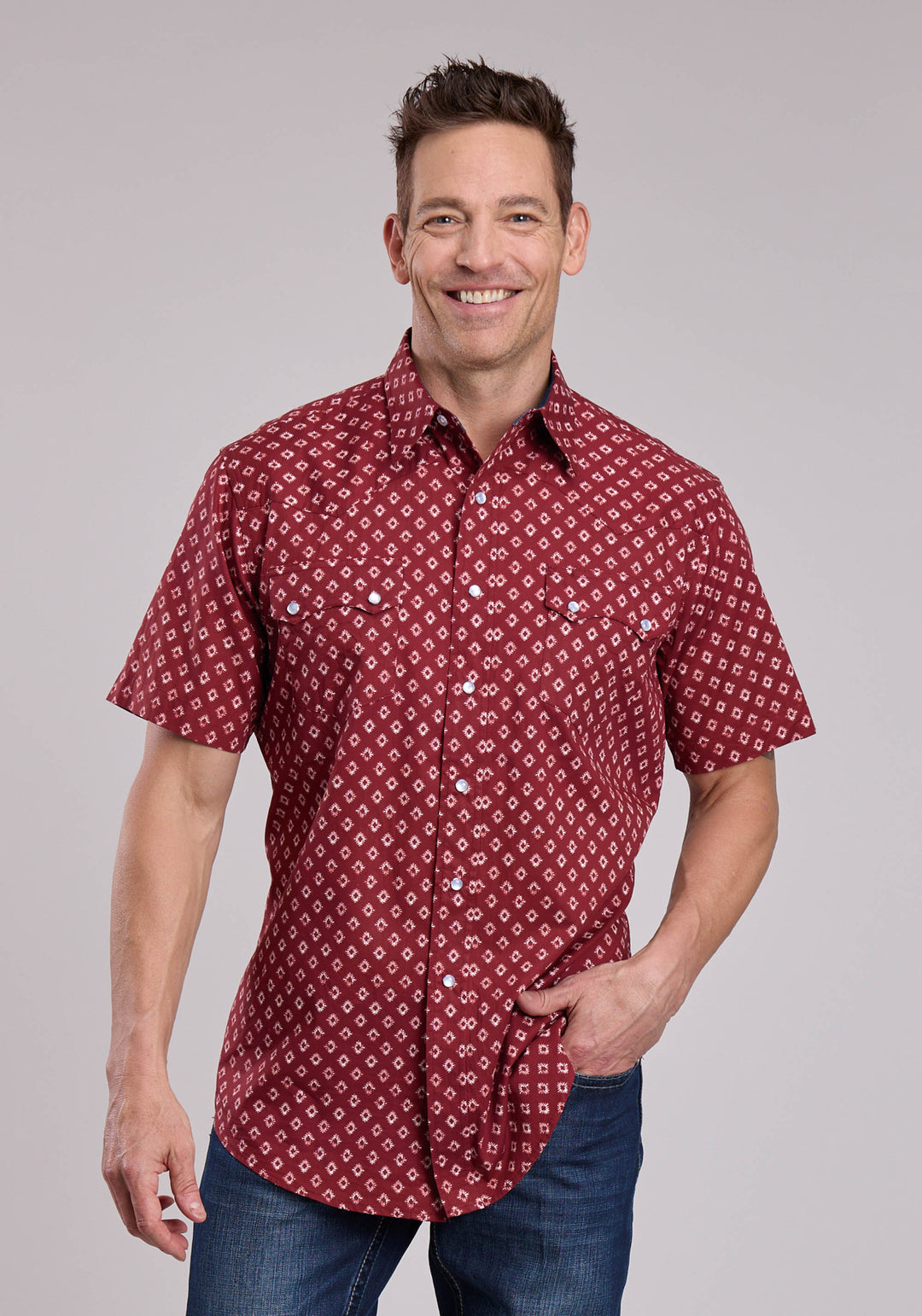MENS ROPER DISTRESSED AZTEC TILE PRINT WESTERN SNAP SHIRT