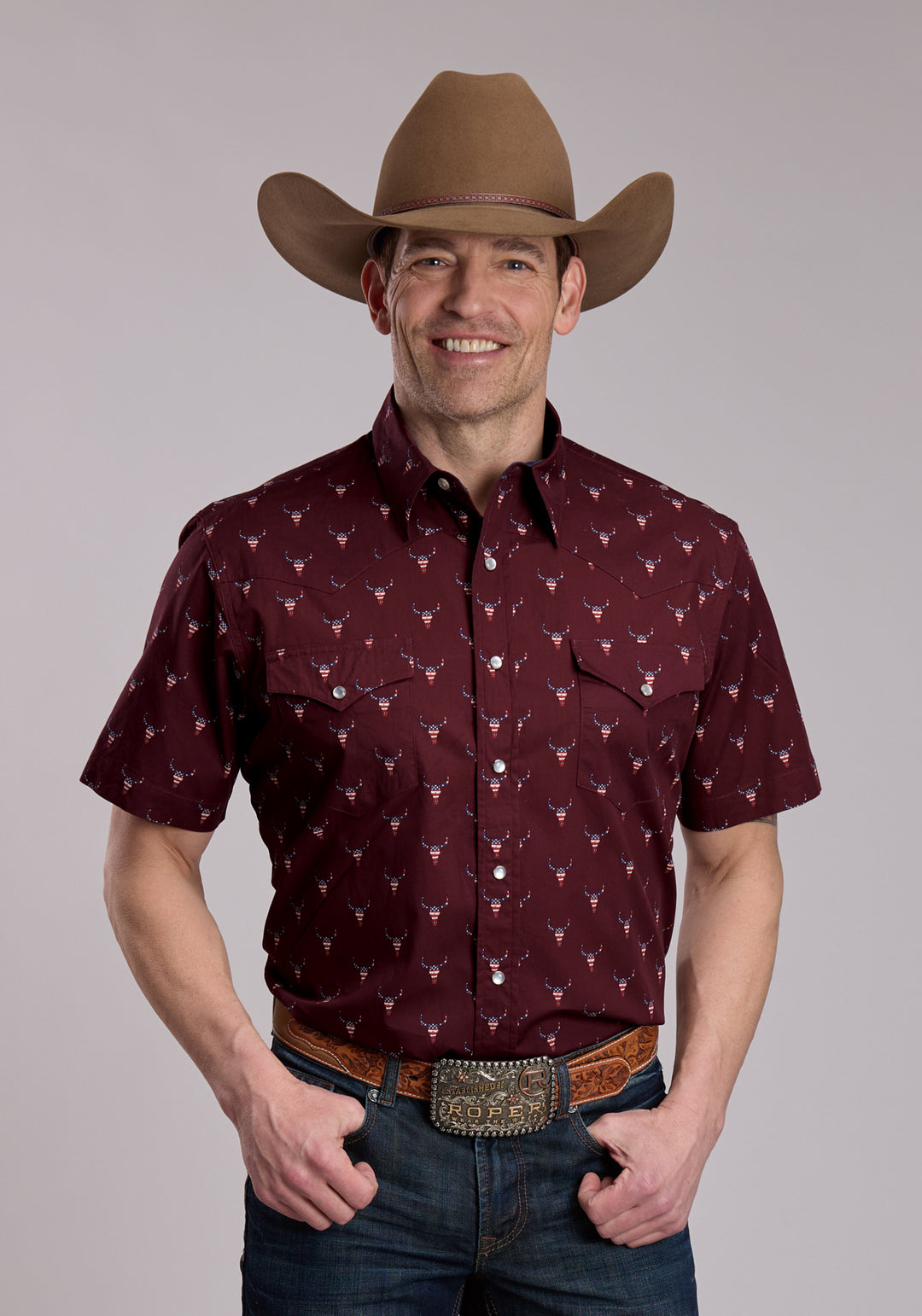 MENS ROPER SKULL PRINT SHORT SLEEVE SNAP SHIRT